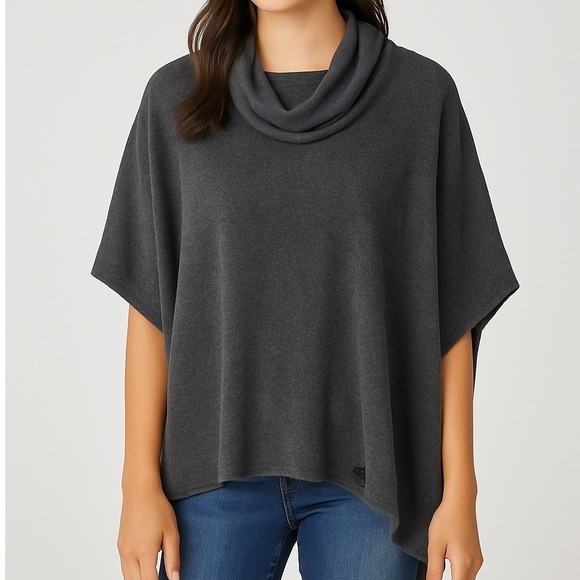 Eileen Fisher 100% Merino Wool Cowl Neck Poncho Sweater Dark Charcoal Gray PP - Picture 1 of 11